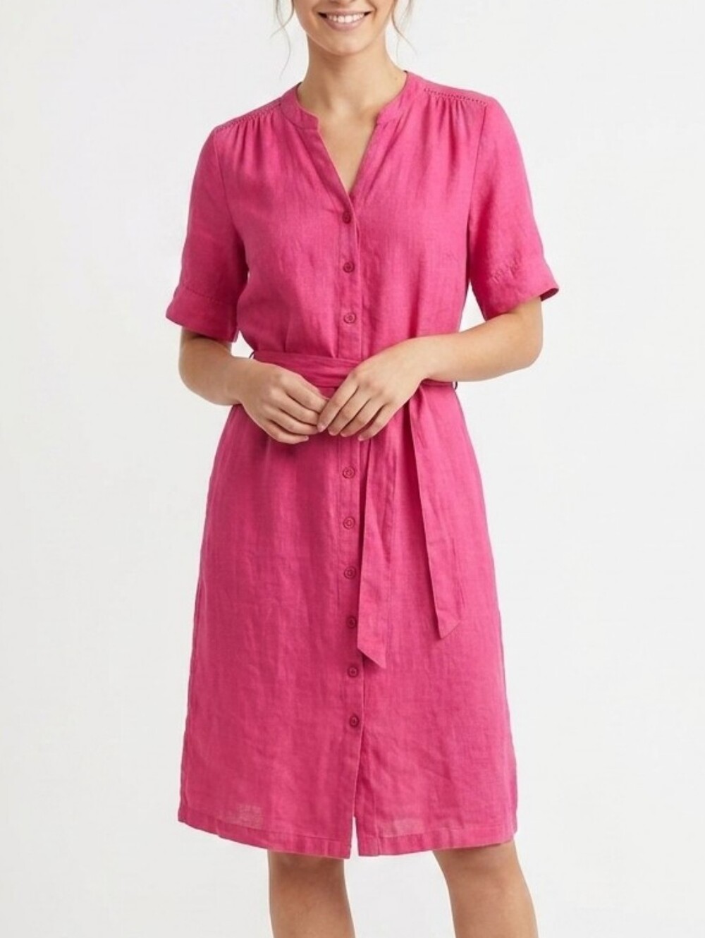 ARMOR LUX Pink 100% Linen Button Down Tie Waist Shirt Dress Size 38